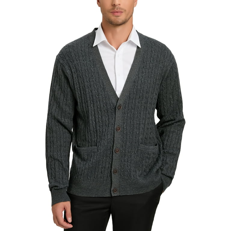 Kallspin Men s Wool Blend V Neck Cable Knit Cardigan