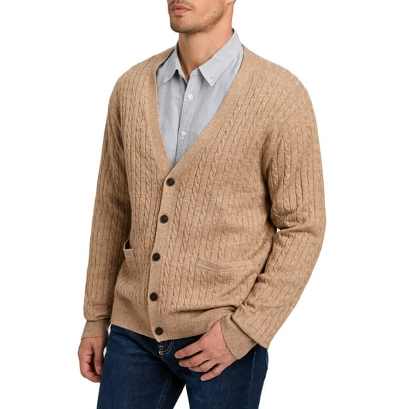 Kallspin Men’s Wool Blend V-Neck Cable-Knit Cardigans Sweaters (Coffee, 2X-Large)
