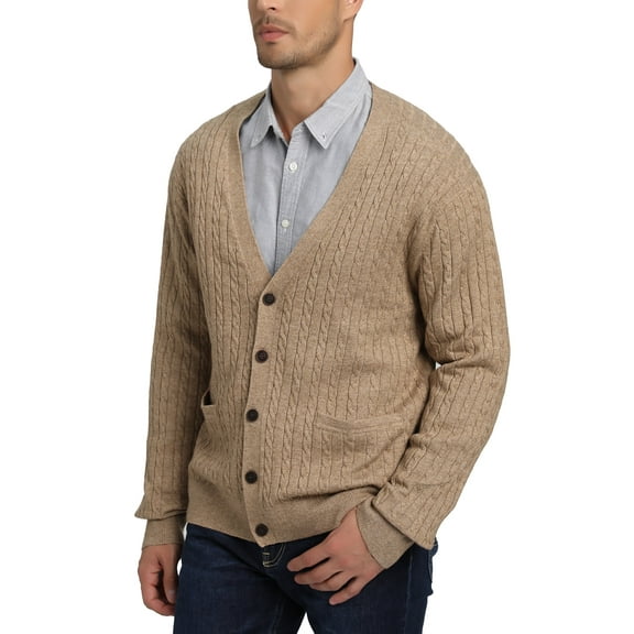 Kallspin Men's Wool Blend V-Neck Cable-Knit Cardigans Sweaters(Coffee, Large,Tall)