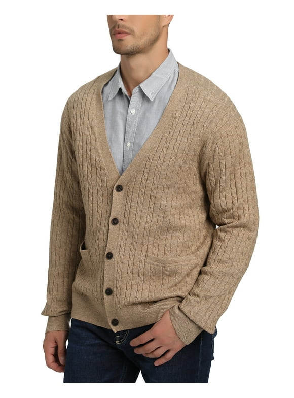 Kallspin Men’s Wool Blend V-Neck Cable-Knit Cardigans Sweaters (Coffee, Large)