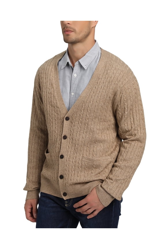 Men's Wool Blend V-Neck Cable-Knit Cardigans Sweaters(Coffee, X-Large,Tall)