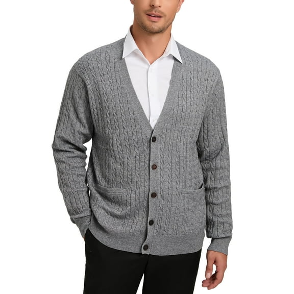 Kallspin Men's Wool Blend V-Neck Cable-Knit Cardigans Sweaters(Light Gray, 3X-Large,Tall)