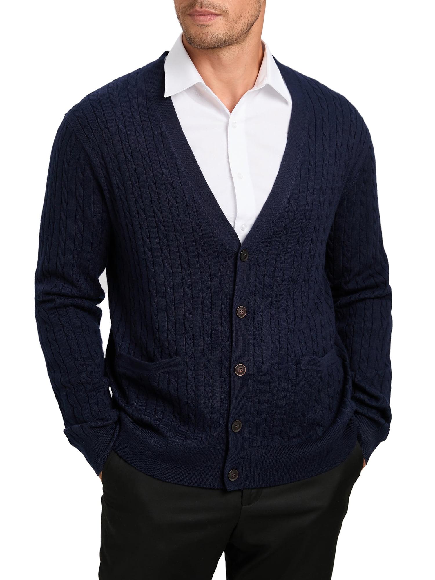 Kallspin Men’s Wool Blend V-Neck Cable-Knit Cardigans Sweaters (Navy ...