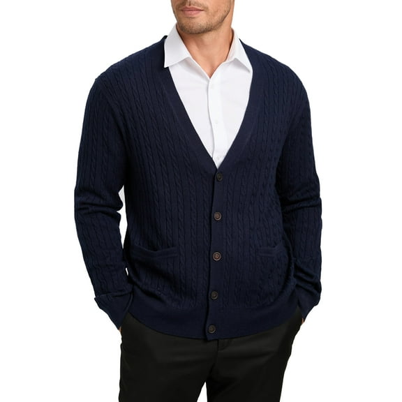 Kallspin Men’s Wool Blend V-Neck Cable-Knit Cardigans Sweaters (Navy Blue, 4X-Large)