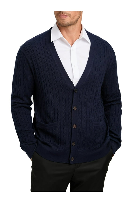 Men’s Wool Blend V-Neck Cable-Knit Cardigans Sweaters (Navy Blue, 4X-Large)