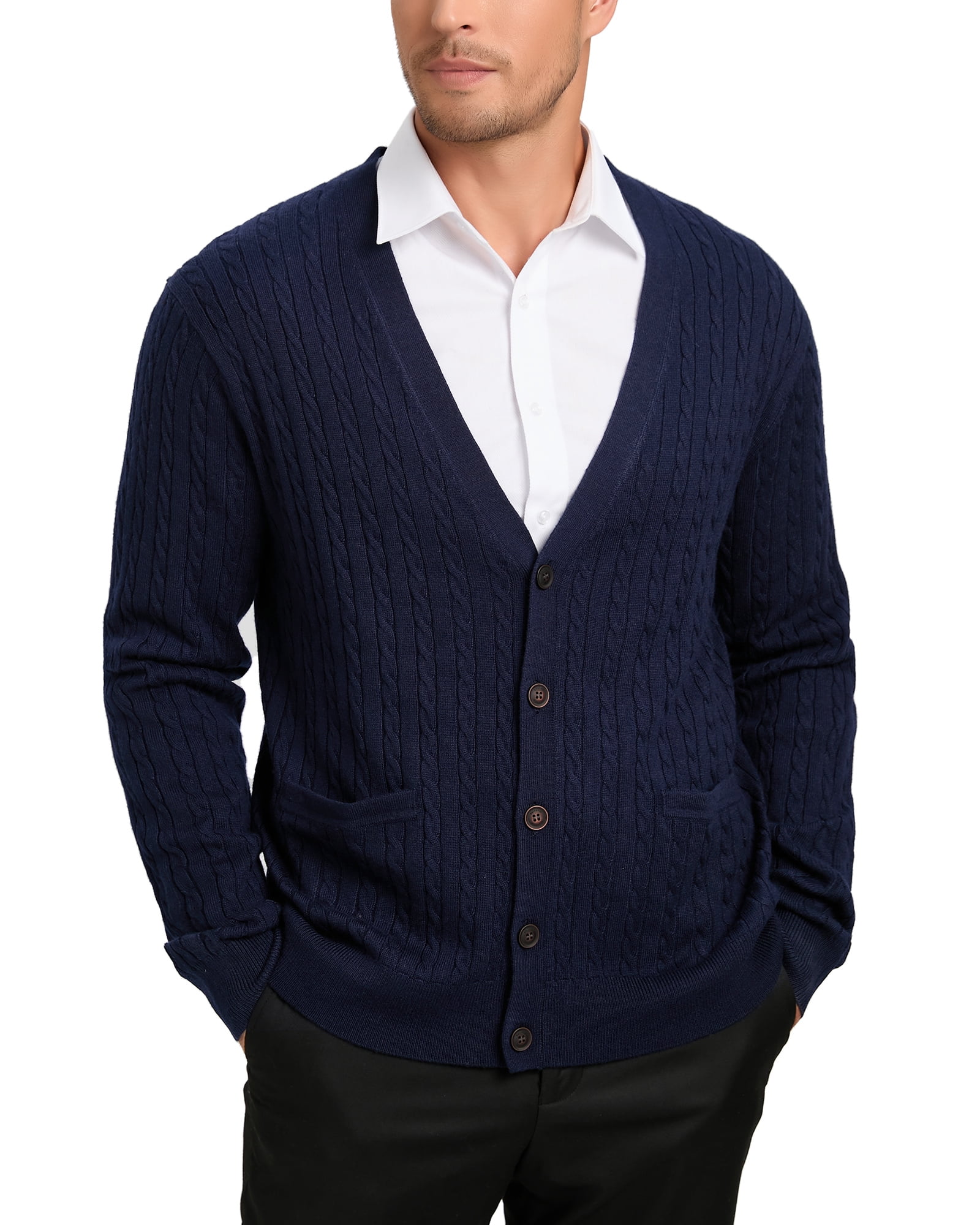 Kallspin Men’s Wool Blend V-Neck Cable-Knit Cardigans Sweaters (Navy ...