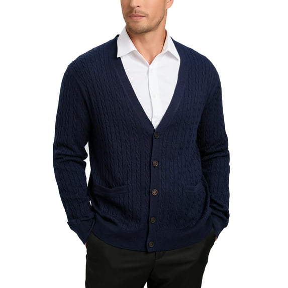 Kallspin Men’s Wool Blend V-Neck Cable-Knit Cardigans Sweaters (Navy Blue, Large)