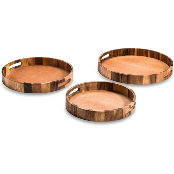 Kalmar Home Acacia Wood Set of 3 Round Serving Trays