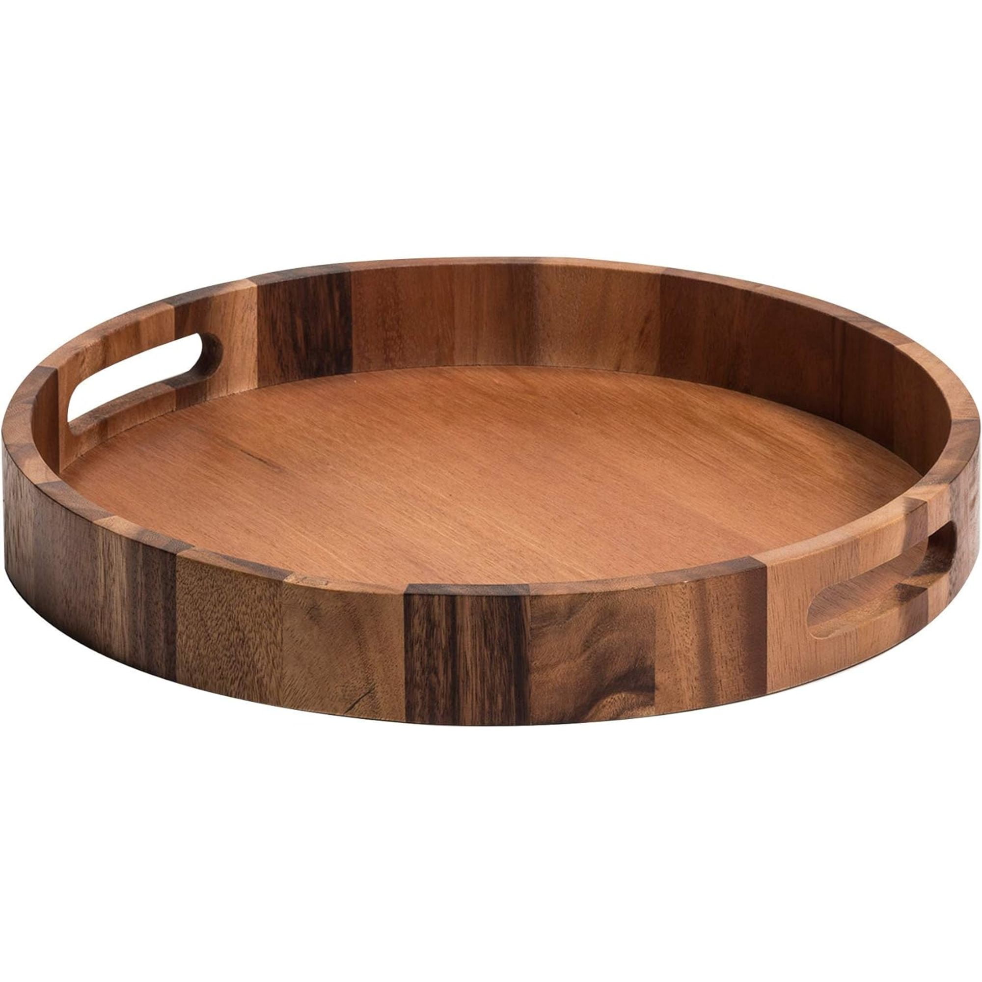 Acacia Wood 15 Inch Round Serving Tray with Handles
