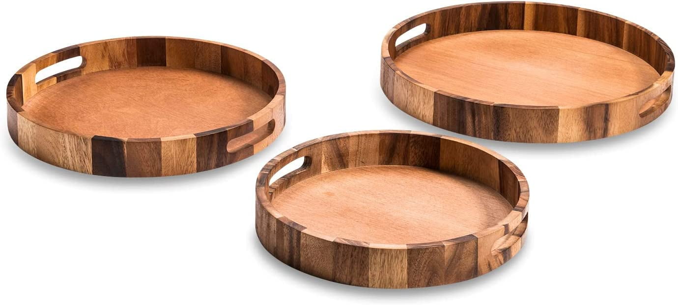 Kalmar 18" Acacia Wood Round Serving Trays Set of 3