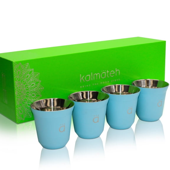 Kalmateh Double Wall Insulated Stainless Steel Espresso Coffee Cup Set, Pack of Four - Heat Resistant Espresso Coffee Cups- 2.7oz 80ml (Light Blue)