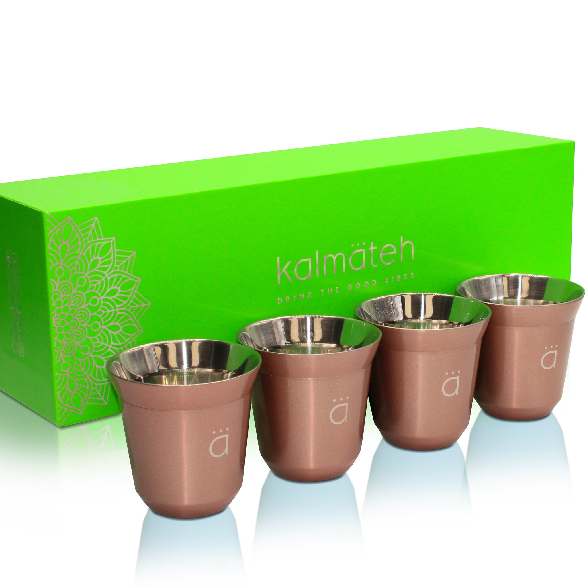 Kalmateh Double Wall Insulated Stainless Steel Espresso Coffee Cup Set, Pack of Four - Heat Resistant Espresso Coffee Cups- 2.7oz 80ml (Rose Gold)