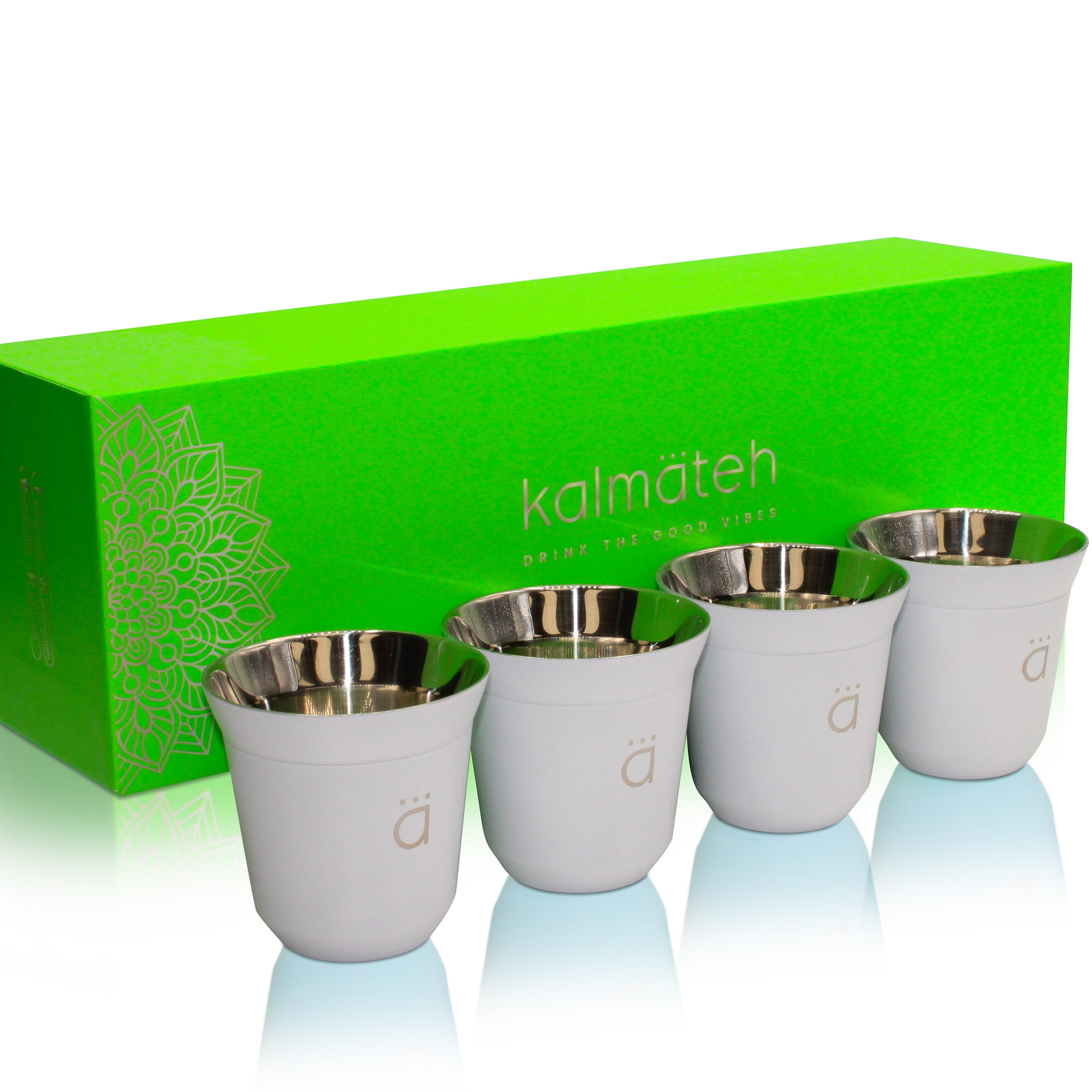 Kalmateh Double Wall Insulated Stainless Steel Espresso Coffee Cup Set, Pack of Four - Heat Resistant Espresso Coffee Cups- 2.7oz 80ml (White)