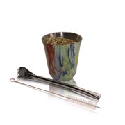 Kalmateh Modern Petite Yerba Mate Gourd - Double Walled 18/8 Stainless Steel- Includes Bombilla and a Cleaning Brush-5oz Flower Power