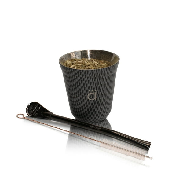 Kalmateh Modern Petite Yerba Mate Gourd - Double Walled 18/8 Stainless Steel- Includes Bombilla and a Cleaning Brush-5oz (Galactic Black)