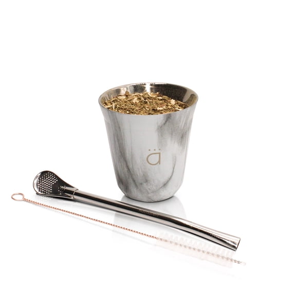 Kalmateh Modern Petite Yerba Mate Gourd - Double Walled 18/8 Stainless Steel- Includes Bombilla and a Cleaning Brush-5oz (Marble)