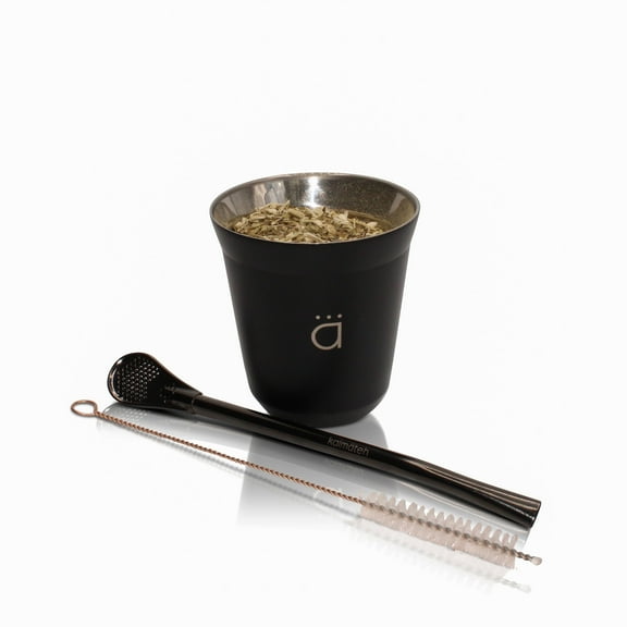 Kalmateh Modern Petite Yerba Mate Gourd - Double Walled 18/8 Stainless Steel- Includes Bombilla and a Cleaning Brush-5oz (Matte Black)