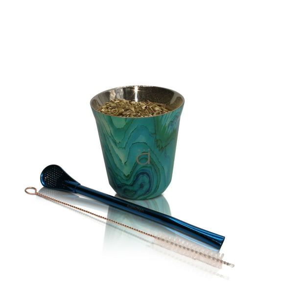 Kalmateh Modern Petite Yerba Mate Gourd - Double Walled 18/8 Stainless Steel- Includes Bombilla and a Cleaning Brush-5oz (Turquoise)
