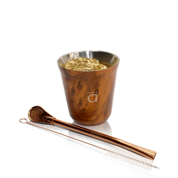 Kalmateh Modern Petite Yerba Mate Gourd - Double Walled 18/8 Stainless Steel- Includes Bombilla and a Cleaning Brush-5oz (Wood)