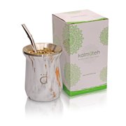 Kalmateh NEW Yerba Mate Gourd- Modern 10 oz Mate Cup- Double Walled 18/8 Stainless Steel - Includes Bombilla and Cleaning Brush Gold Marble