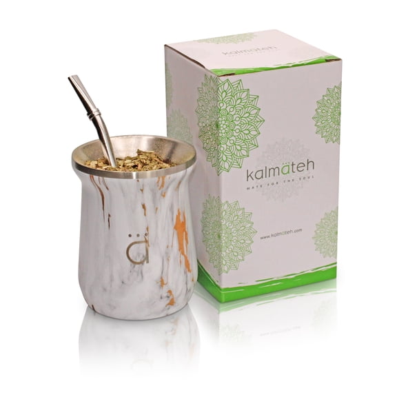 Kalmateh NEW Yerba Mate Gourd- Modern 10 oz Mate Cup- Double Walled 18/8 Stainless Steel - Includes Bombilla and Cleaning Brush (Gold Marble)