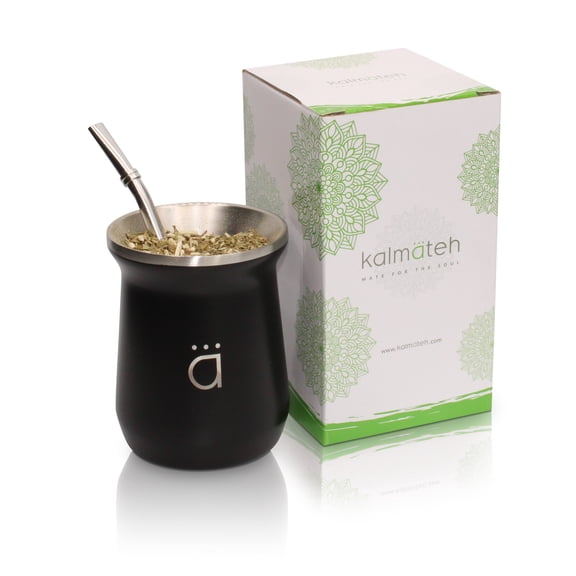 Kalmateh NEW Yerba Mate Gourd- Modern 10 oz Mate Cup- Double Walled 18/8 Stainless Steel - Includes Bombilla and Cleaning Brush (Matte Black)