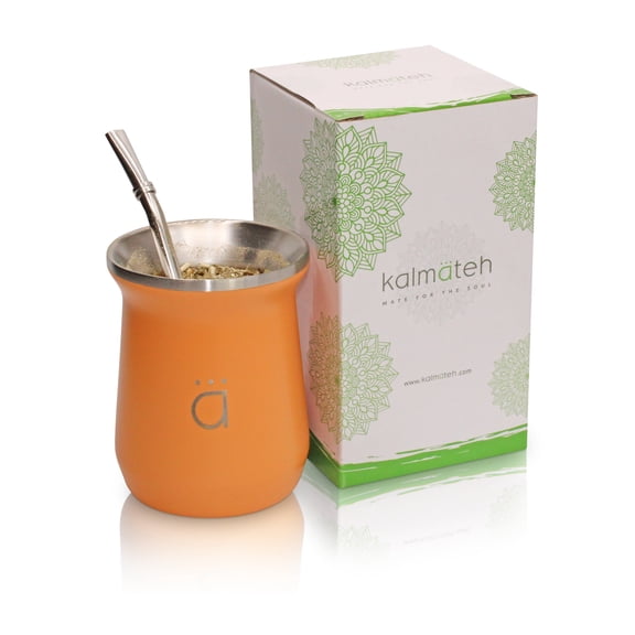 Kalmateh NEW Yerba Mate Gourd- Modern 10 oz Mate Cup- Double Walled 18/8 Stainless Steel - Includes Bombilla and Cleaning Brush (Orange)