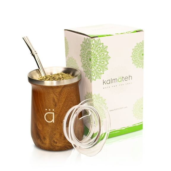 Kalmateh NEW Yerba Mate Gourd- Modern 10 oz Mate Cup- Double Walled 18/8 Stainless Steel - Includes Bombilla and Cleaning Brush (Wood)