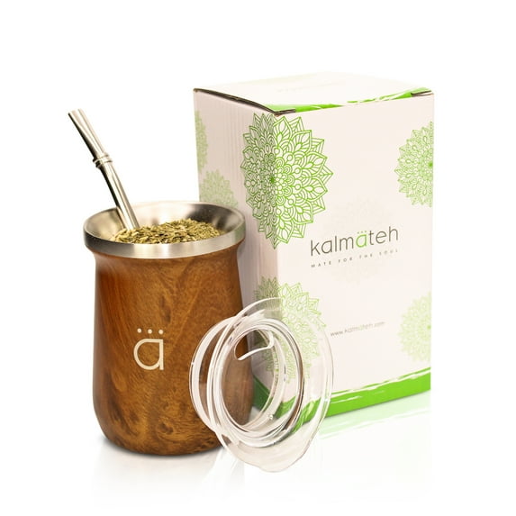 Kalmateh NEW Yerba Mate Gourd- Modern 10 oz Mate Cup- Double Walled 18/8 Stainless Steel - Includes Bombilla and Cleaning Brush (Wood)