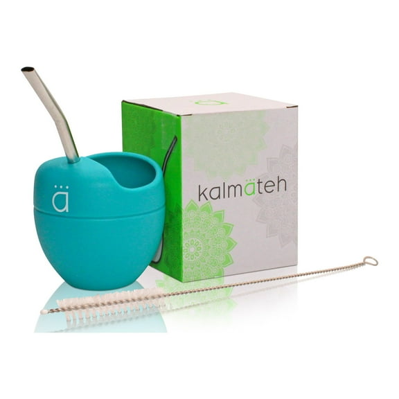 Kalmateh Silicone Mate Gourd and Bombilla (straw) with Cleansing Brush for Yerba Mate Drinking- BPA Free (Turquoise)