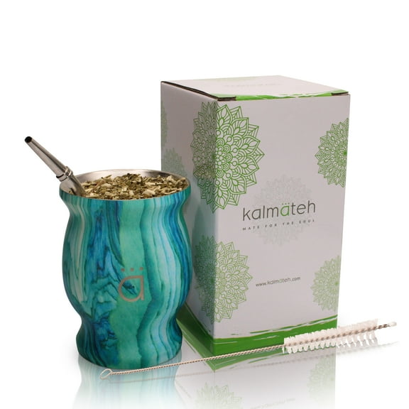Kalmateh Traditional Yerba Mate Gourd- Modern 8.6 oz Mate Cup- Double Walled 18/8 Stainless Steel - Includes Bombilla and Cleaning Brush (Turquoise)