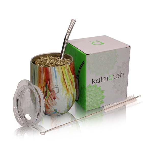 Kalmateh Yerba Mate Gourd- Modern 8 oz Mate Cup with BPA Free Lid- Double Walled 18/8 Stainless Steel - Includes Bombilla and Cleaning Brush (Flower Power)