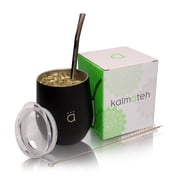 Kalmateh Yerba Mate Gourd- Modern 8 oz Mate Cup with BPA Free Lid- Double Walled 18/8 Stainless Steel - Includes Bombilla and Cleaning Brush Matte Black