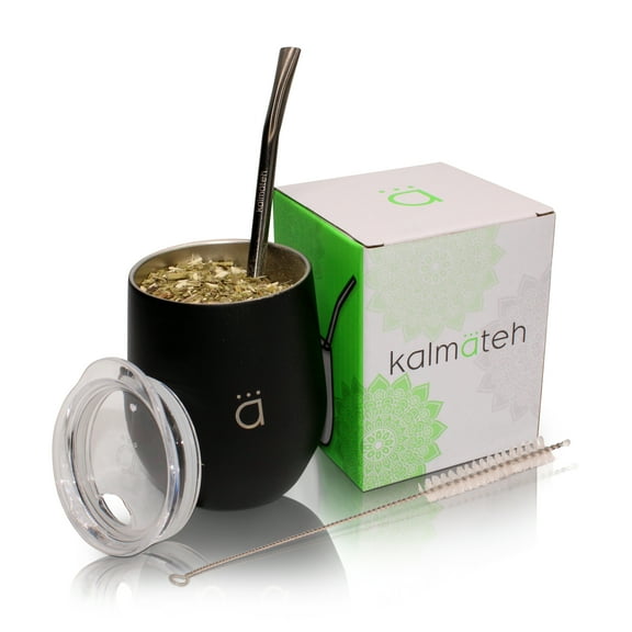 Kalmateh Yerba Mate Gourd- Modern 8 oz Mate Cup with BPA Free Lid- Double Walled 18/8 Stainless Steel - Includes Bombilla and Cleaning Brush (Matte Black)
