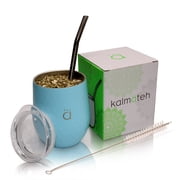 Kalmateh Yerba Mate Gourd- Modern 8 oz Mate Cup with BPA Free Lid- Double Walled 18/8 Stainless Steel - Includes Bombilla and Cleaning Brush Pastel Blue