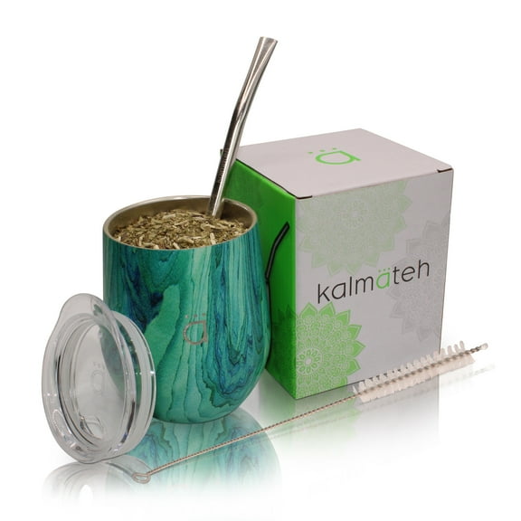 Kalmateh Yerba Mate Gourd- Modern 8 oz Mate Cup with BPA Free Lid- Double Walled 18/8 Stainless Steel - Includes Bombilla and Cleaning Brush (Turquoise)