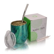 Kalmateh Yerba Mate Gourd- Modern 8 oz Mate Cup with BPA Free Lid- Double Walled 18/8 Stainless Steel - Includes Bombilla and Cleaning Brush Turquoise