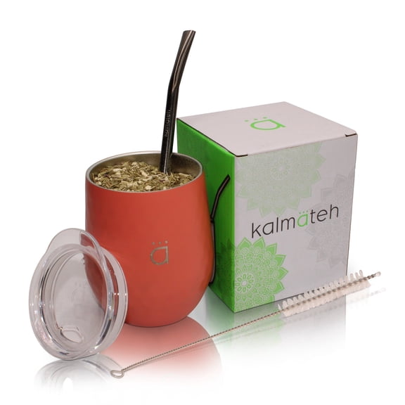 Kalmateh Yerba Mate Gourd- Modern 8 oz Mate Cup with BPA Free Lid- Double Walled 18/8 Stainless Steel - Includes Bombilla and Cleaning Brush (Coral)