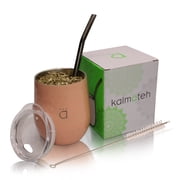 Kalmateh Yerba Mate Gourd- Modern 8 oz Mate Cup with BPA Free Lid- Double Walled 18/8 Stainless Steel - Includes Bombilla and Cleaning Brush Peach