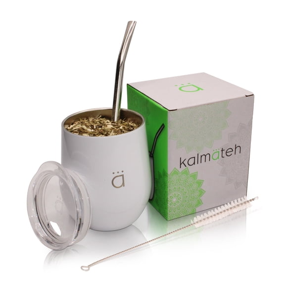 Kalmateh Yerba Mate Gourd- Modern 8 oz Mate Cup with BPA Free Lid- Double Walled 18/8 Stainless Steel - Includes Bombilla and Cleaning Brush (White)