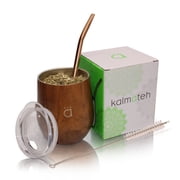 Kalmateh Yerba Mate Gourd- Modern 8 oz Mate Cup with BPA Free Lid- Double Walled 18/8 Stainless Steel - Includes Bombilla and Cleaning Brush Wood