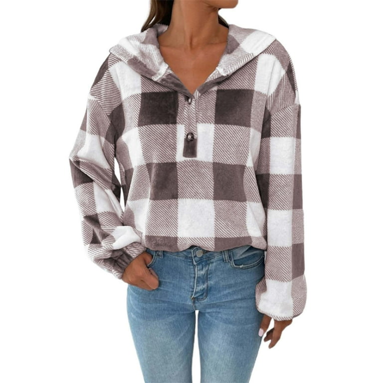Kaloaede Gingham Half Button Drop Shoulder Hoodie Womens Casual Plaid Shacket Button Down Long Sleeve Sweatshirt Brown XL