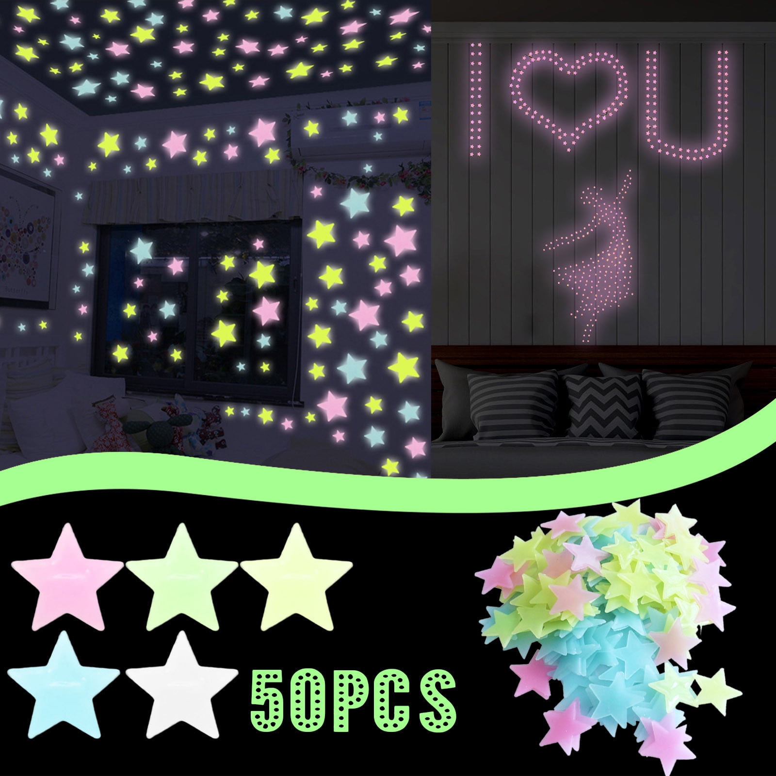 Kaloaede Glow in the Dark Snowflake Wall Stickers Set of 50 Fluorescent