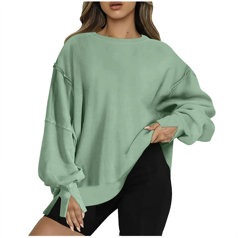 Kaloaede Womens Oversized Crewneck Solid Color Sweatshirt Side Slit Long Sleeve Pullover Slouchy Fit Tops Green XL Walmart