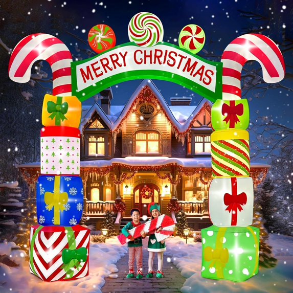 Kalolary 10 FT Christmas Inflatable Archway Gift Boxes, Xmas Arch Inflatable Blow Up Yard Outdoor Decorations Merry Christmas Giant Inflatable with Build-in Lights for Yard Garden Lawn Indoor Decor