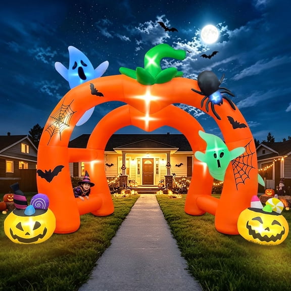 Kalolary 10FT Halloween Inflatable Pumpkin Archway, Double-Layer Stereoscopic Walk-Through Arch with Ghosts, Spider & Pumpkins for Garden Lawn Outdoor Decors