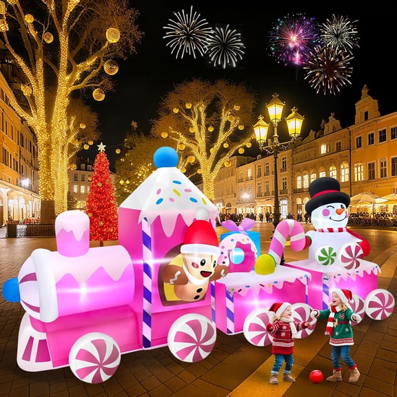 Kalolary 11FT Christmas Inflatable Train Garden Decoration, Pink Christmas Train Inflatables with Gingerbread Man Snowman Xmas Blow Up Yard Decoration with Built-in Lights for Garden Lawn Decoration