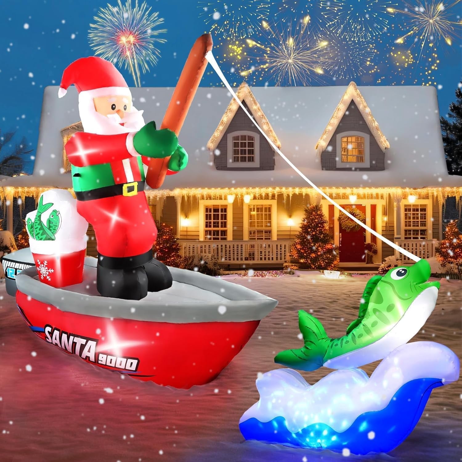 Long Inflatable Kalolary 15FT Long Christmas Inflatables Fishing Santa Claus, Santa ...