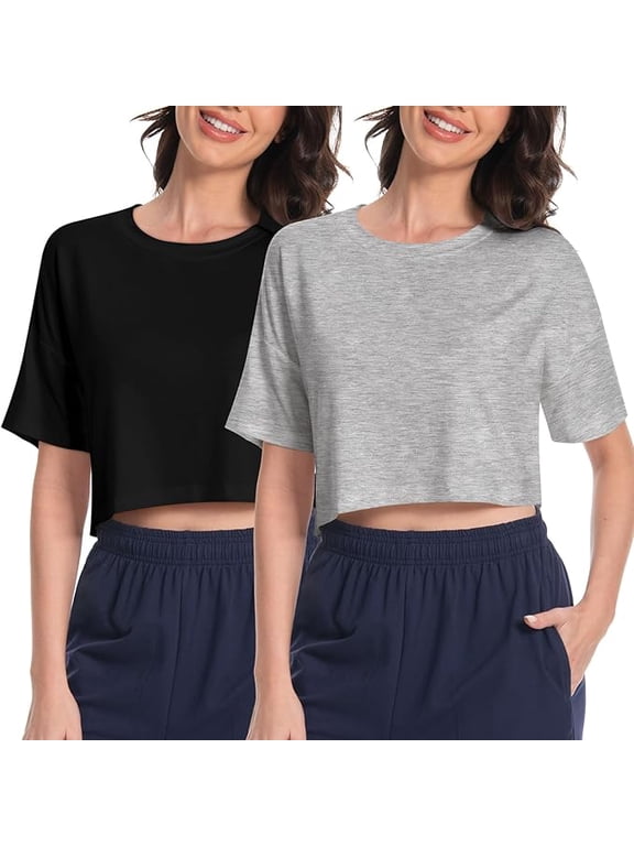 2 Pack Women's Crew Neck Cropped T Shirts, Half Sleeve Drop Shoulder Short Sleeve, Summer Solid Color Casual Basic Tees