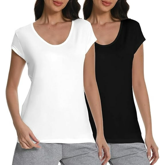 Kalolary 2 Pack Women V Neck Cap Sleeve T-Shirt Ladies Summer Basic Shirts, Classic-Fit Tank Tops Casual Blouses